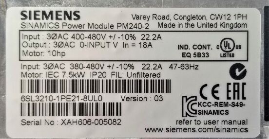 Módulo de alimentación Siemens 6SL3210-1PE21-8UL0 G120, 7,5 kW, 380-480 V CA, inversor